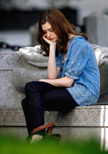 Anne Hathaway looking sad
